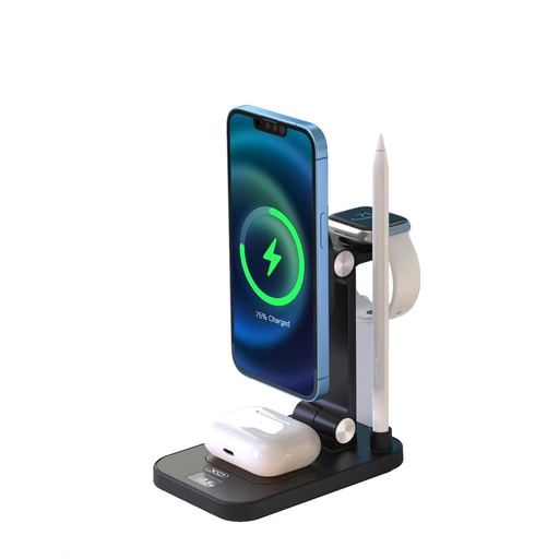 XO TK23 digital mit Display magnetisch 4 az 1-ben Ladegerät (Schwarz) – 15W für Handy, 5W für Kopfhörer, 2.5W für Smartwatch, 2W kapazitiv