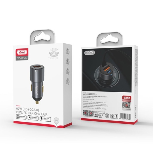 XO CC45 Auto- Schnellladegerät 2 PD + QC 3.0 mit Anschluss lightning mit Kabel, schwarz-weiß