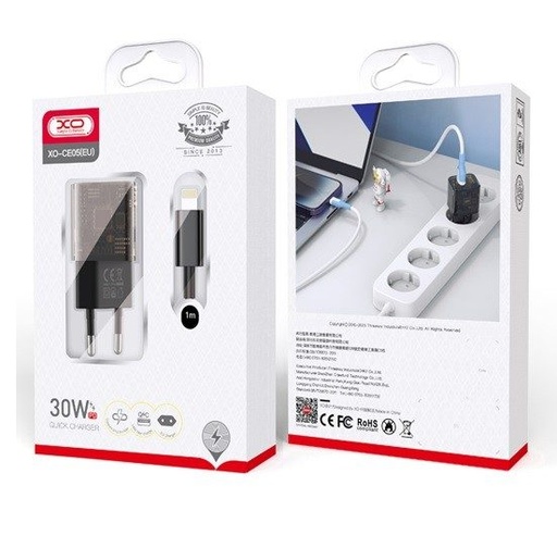 XO CE05 PD 30W Schnellladegerät (Braun) – PD 30W + QC 3.0 18W, USB-A + USB-C Anschluss, Lightning mit Kabel