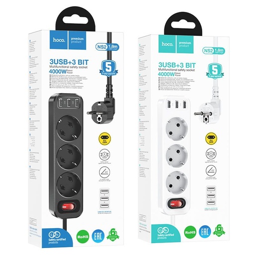 Hoco NS2 groß mit Leistung Verlängerung Buchse, 3 Buchse + 3 * USB 5V / 2.4A Ausgang schwarz