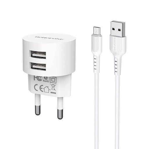 Borofone BA23A Netz- Ladegerät (2 USB port, microUSB Kabel), 5V 2,4A, weiß