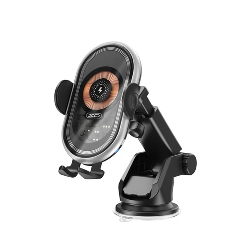 XO WX038 Autohalterung kabellos mit Ladefunktion (Schwarz) – 15W, transparent Design, mit Saugnapf und mit Lüftungsgitter Befestigung