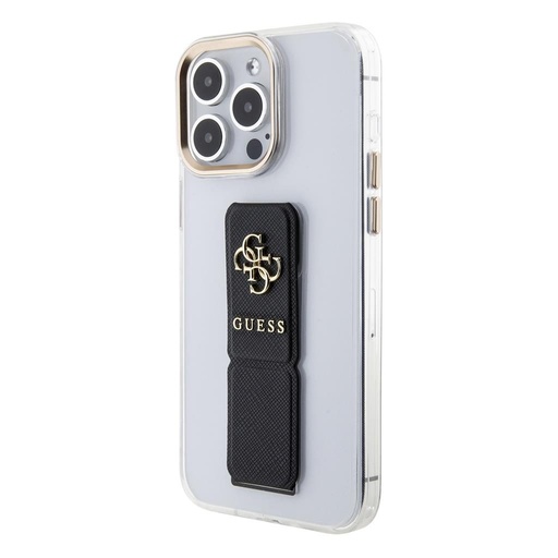 Apple iPhone 15 Pro Guess PU Grip Stand 4G Metal Logo Hülle (Schwarz) - GUHCP15LHGSSA4K