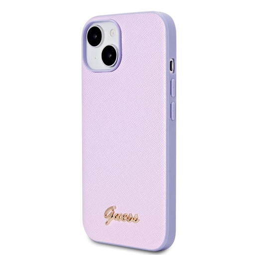 Apple iPhone 15 Guess PU Leather Iridescent Metal Script Hülle (Lila) - GUHCP15SPSAIRSU
