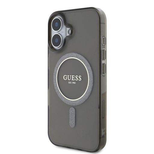 Apple iPhone 16 Guess IML Glitter Ring MagSafe Hülle (Schwarz) - GUHMP16SHFGEREK