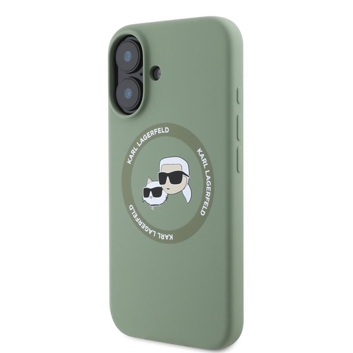 Apple iPhone 16 Karl Lagerfeld Liquid Silicone K&CH Heads MagSafe Hülle (Khaki) – KLHMP16SSKCHTCA