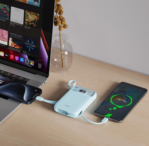 XO PR243 power bank 10000 mAh (Blau) – Schnellladen 22.5W, digital Display, USB-C und Lightning Kabel