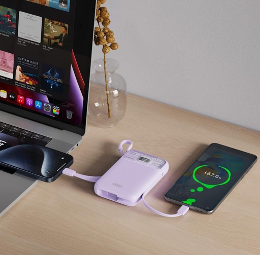 XO PR243 power bank 10000 mAh (Lila) – Schnellladen 22.5W, digital Display, USB-C und Lightning Kabel