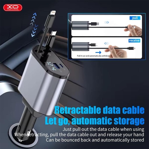 XO CC62 Auto- Schnellladegerät PD + QC lightning und type-c mit Kabel (Grau)