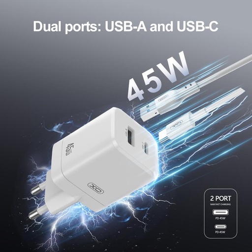 XO CE36 GaN Wand- Ladegerät 45W 1x USB-C + 1x USB-A + Type-C Kabel (Weiß)
