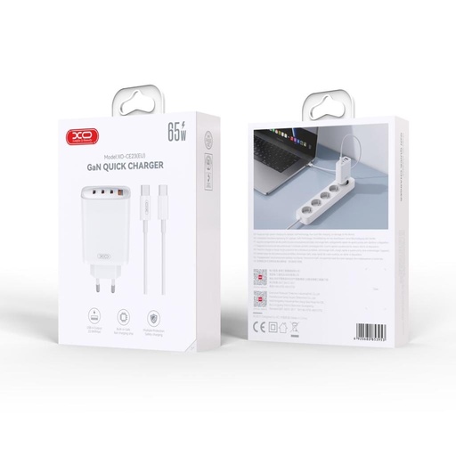 XO CE23 GaN Wand- Ladegerät 65W 3x USB-C + 1x USB-A + Type-C Kabel (Weiß)