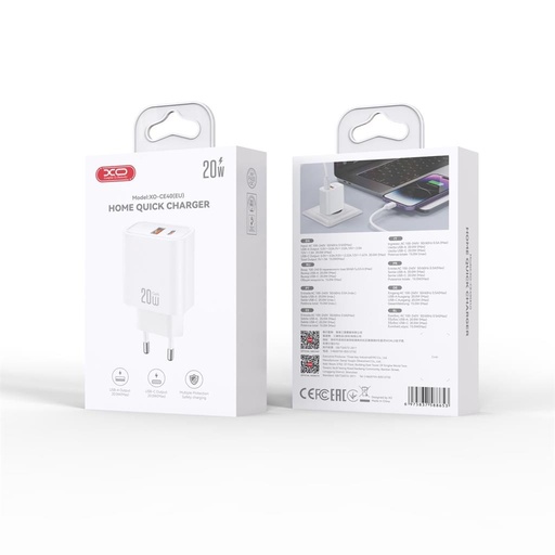 XO CE40(EU) Netz- Schnellladegerät (Weiß) - 20W, 1xUSB-A + 1xUSB-C