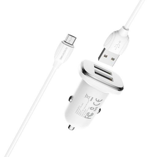 Borofone BZ12 Auto- Ladegerät (2 USB port, microUSB Kabel), 5V 2,4A, weiß