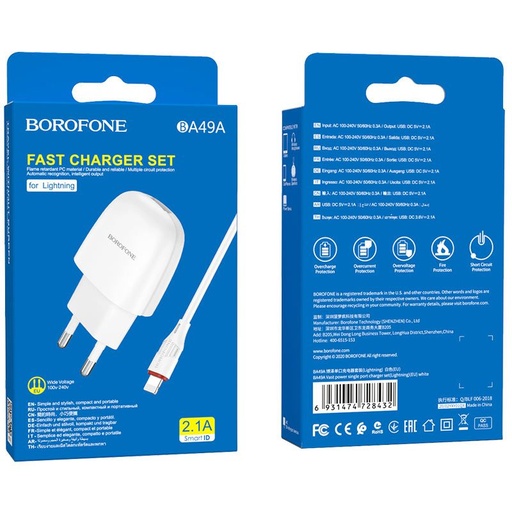 Borofone BA49A Netz- Ladegerät (lightning Kabel), 5V 2,1A, weiß
