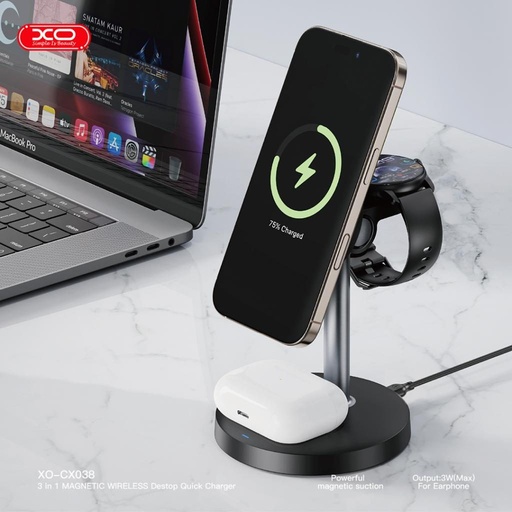 XO CX038 3-in-1 Tisch- kabellos Ladegerät (Schwarz) - 15W