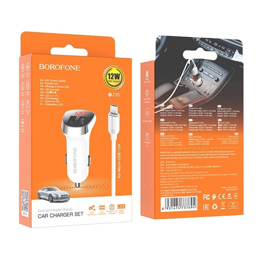Borofone BZ15 Auto- Ladegerät (2 USB port, microUSB Kabel), LED Statusanzeige, 5V 2,4A, weiß