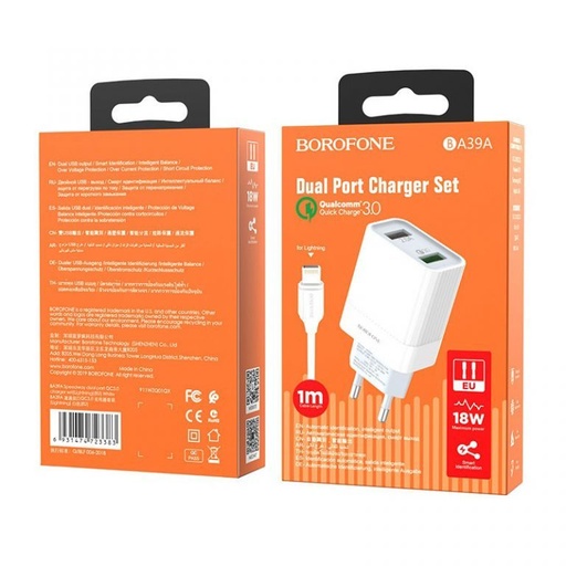 Borofone BA39A Netz- Schnellladegerät (QC + PD Anschluss), PD lightning Kabel, QC 3.0, 18W, weiß