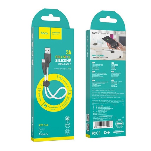 Hoco X21 Plus type-C Kabel, fluoreszierend, 0.25M, 2.4A, Silikon, schwarz - weiß