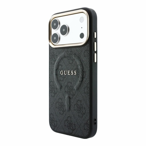 Apple iPhone 18 Pro Max Guess Leather 4G Gold Frame Embossed MagSafe Leder Schutzhülle (Schwarz) (GUHMP18XP4MSEGCK)