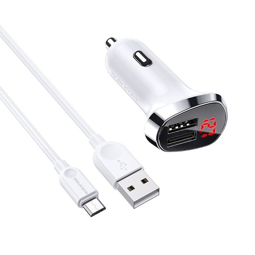 Borofone BZ15 Auto- Ladegerät (2 USB port, microUSB Kabel), LED Statusanzeige, 5V 2,4A, weiß
