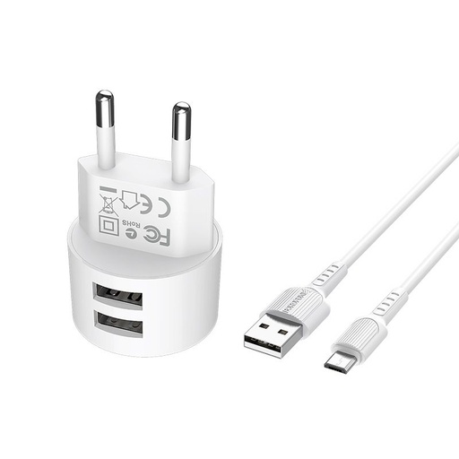 Borofone BA23A Netz- Ladegerät (2 USB port, microUSB Kabel), 5V 2,4A, weiß