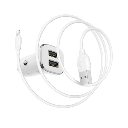 Borofone BZ12 Auto- Ladegerät (2 USB port, lightning Kabel), 5V 2,4A, weiß