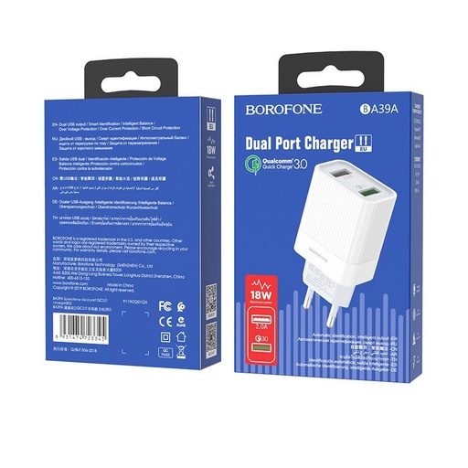 Borofone BA39A Netz- Schnellladegerät (2 USB port, microUSB Kabel), QC 3.0, max. 18W, weiß
