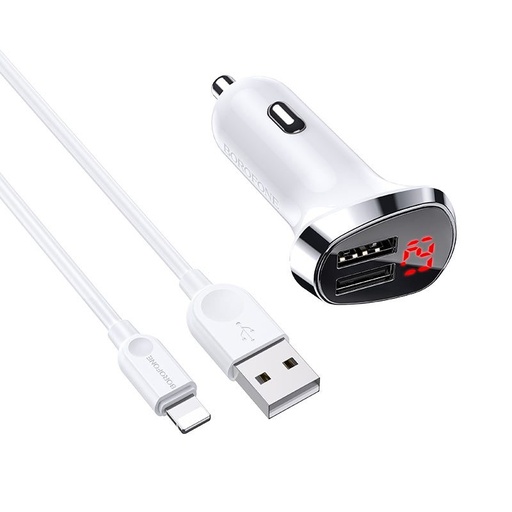 Borofone BZ15 Auto- Ladegerät (2 USB port, lightning Kabel), 5V 2.4A, LED Statusanzeige, weiß