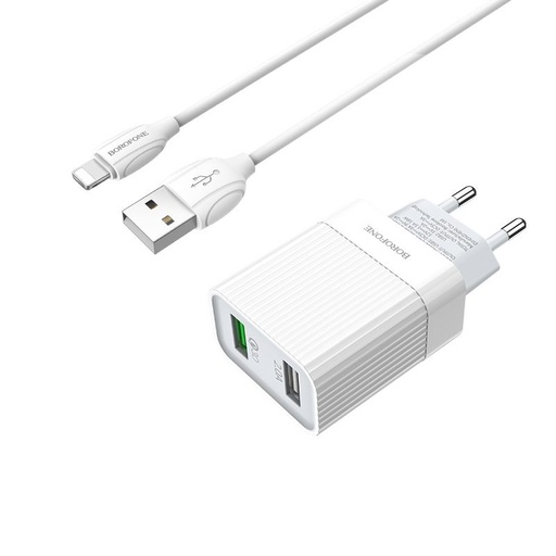 Borofone BA39A Netz- Schnellladegerät (QC + PD Anschluss), PD lightning Kabel, QC 3.0, 18W, weiß