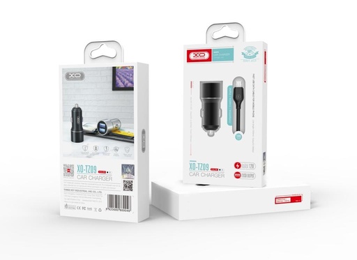 XO TZ09 Auto- Ladegerät (Grau) – 2×USB, Lightning Kabel, Aluminium Gehäuse, 12W