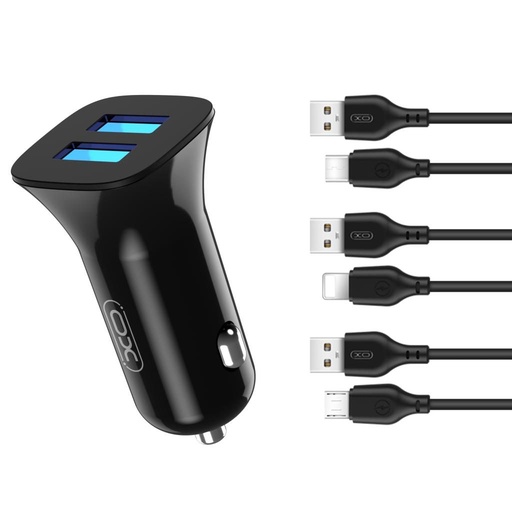 XO TZ10 Auto- Ladegerät (Schwarz) – 2×USB, Type-C Kabel, dual port, 12W