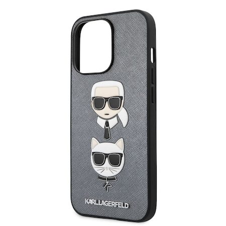 Apple iPhone 13 mini Karl Lagerfeld PU Saffiano Karl and Choupette Heads Hülle (Silber) – KLHCP13SSAKICKCSL