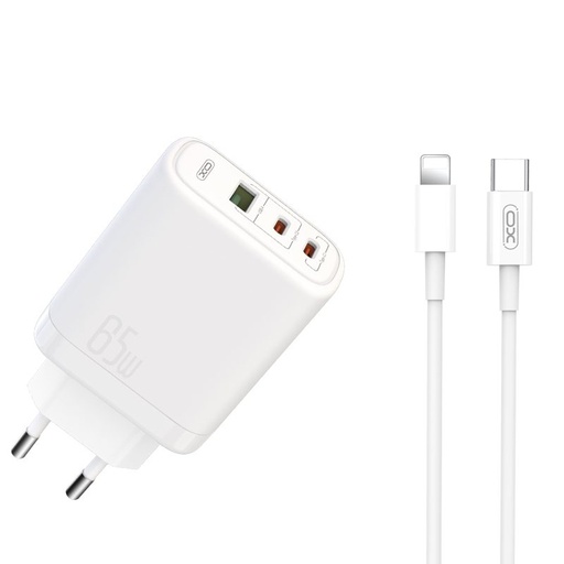 XO CE04 Schnellladegerät max. 65W (Weiß) – USB-C PD + USB-A QC, micro USB mit Kabel