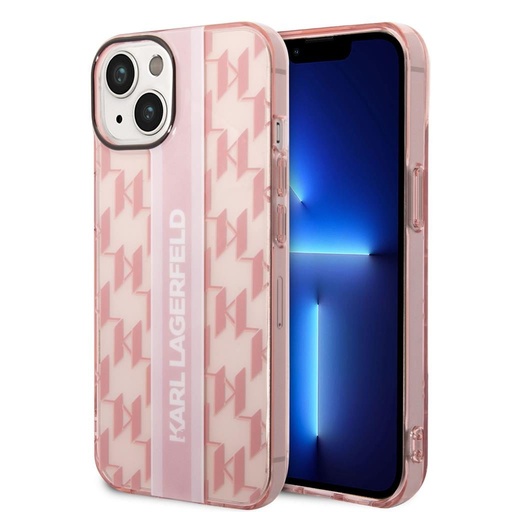 Apple iPhone 14 Karl Lagerfeld Monogram Vertical Stripe Hülle (Rosa) – KLHCP14SHKLSPCP