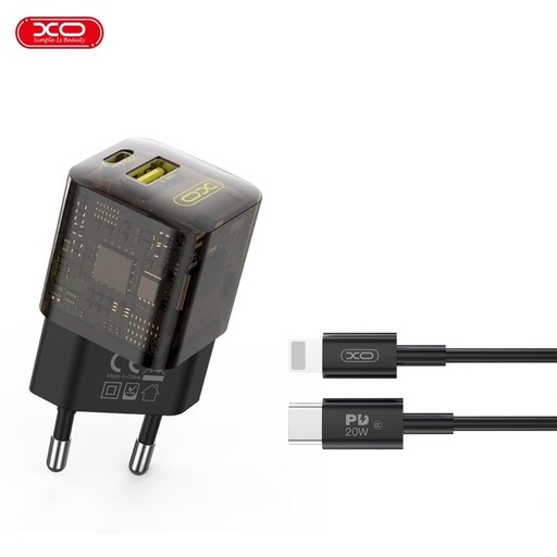 XO CE05 PD 30W Schnellladegerät (Braun) – PD 30W + QC 3.0 18W, USB-A + USB-C Anschluss, Lightning mit Kabel