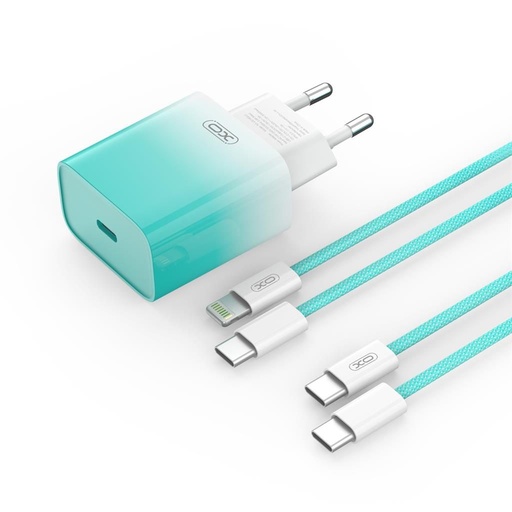 XO CE18 PD 30W Schnellladegerät (Blau) – USB-C Anschluss, Lightning mit Kabel
