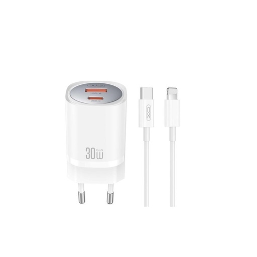 XO CE21 30W GaN Schnellladegerät (Weiß) – PD 30W, USB-C + USB-A Anschluss, Lightning mit Kabel