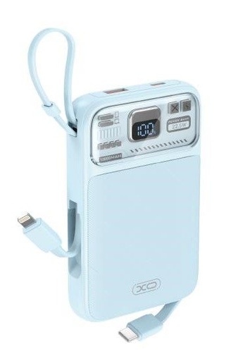 XO PR243 power bank 10000 mAh (Blau) – Schnellladen 22.5W, digital Display, USB-C und Lightning Kabel