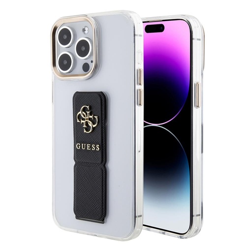 Apple iPhone 15 Pro Guess PU Grip Stand 4G Metal Logo Hülle (Schwarz) - GUHCP15LHGSSA4K