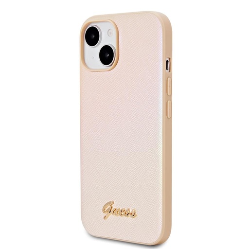 Apple iPhone 15 Guess PU Leather Iridescent Metal Script Hülle (Gold) - GUHCP15SPSAIRSD