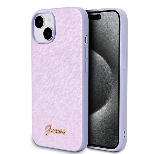 Apple iPhone 15 Guess PU Leather Iridescent Metal Script Hülle (Lila) - GUHCP15SPSAIRSU