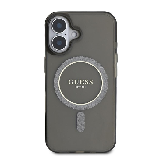 Apple iPhone 16 Guess IML Glitter Ring MagSafe Hülle (Schwarz) - GUHMP16SHFGEREK