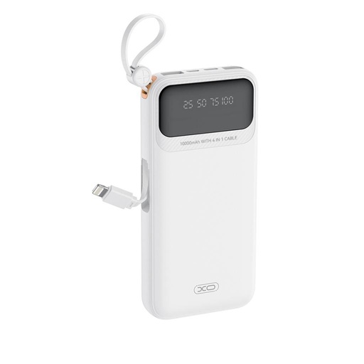 XO PR278 power bank 10000 mAh (Weiß) – digital Display, 4 integriert Kabel (USB-A, USB-C, MicroUSB, Lightning)