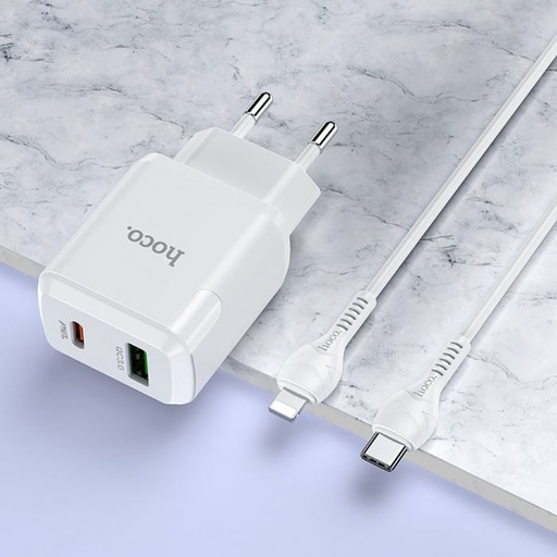 Hoco N5 Netz- Schnellladegerät (QC + PD Anschluss) PD lightning Kabel, PD20W + QC3.0, weiß