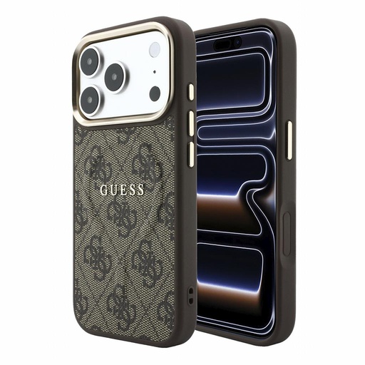 Apple iPhone 18 Pro Max Guess Leather 4G Gold Frame Embossed MagSafe Leder Schutzhülle (Braun) (GUHMP18XP4MSEGCW)