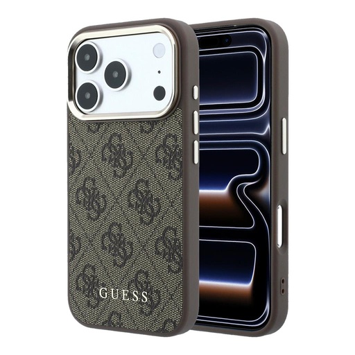 Apple iPhone 18 Pro Max Guess Leather 4G Gold Frame MagSafe Leder Schutzhülle (Braun) (GUHMP18XG4GFCW)