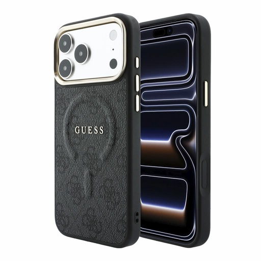 Apple iPhone 18 Pro Max Guess Leather 4G Gold Frame Embossed MagSafe Leder Schutzhülle (Schwarz) (GUHMP18XP4MSEGCK)