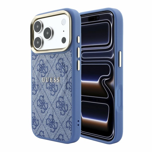 Apple iPhone 18 Pro Max Guess Leather 4G Gold Frame Embossed MagSafe Leder Schutzhülle (Blau) (GUHMP18XP4MSEGCB)