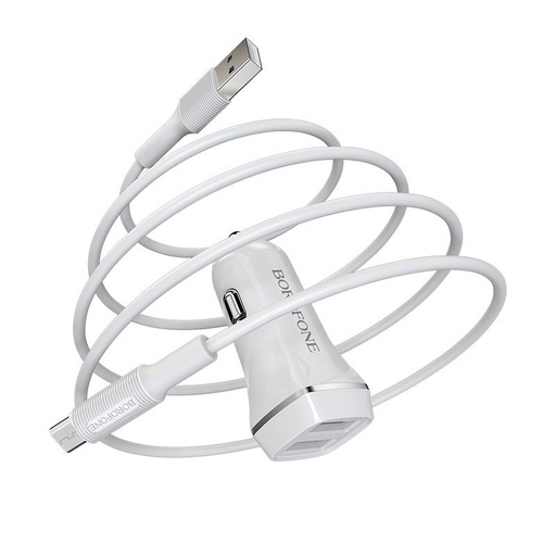 Borofone BZ2 Auto- Ladegerät (2 USB port, microUSB Kabel), 5V 2,4A, weiß