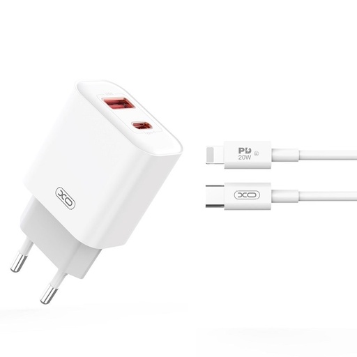 XO CE12 PD 20W Schnellladegerät (Weiß) – PD 20W + USB-A 18W, USB-C + USB-A Anschluss, Lightning mit Kabel
